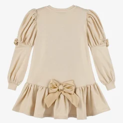 A Dee Girls Beige Cotton Bow Dress