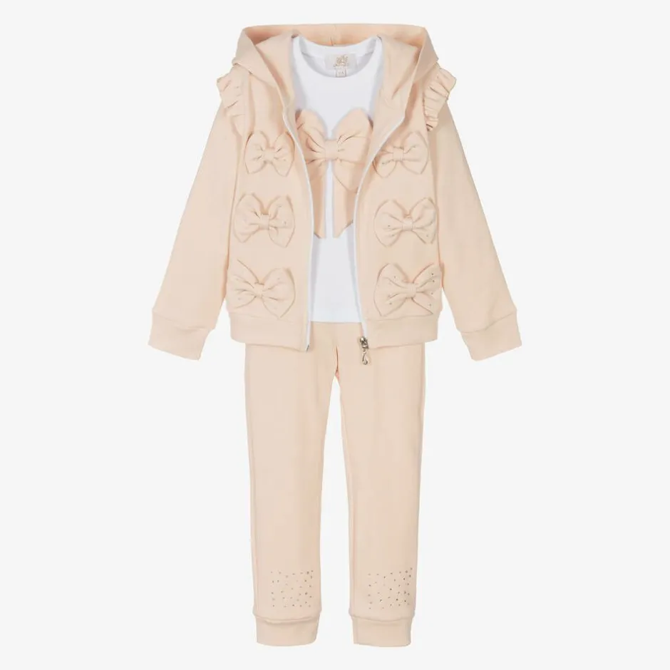 Caramelo Kids Girls Beige Cotton Bow Tracksuit Set Clearance