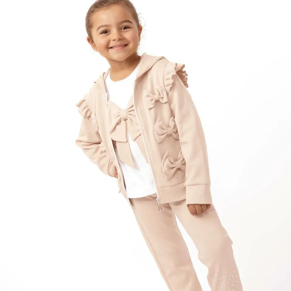Caramelo Kids Girls Beige Cotton Bow Tracksuit Set Clearance