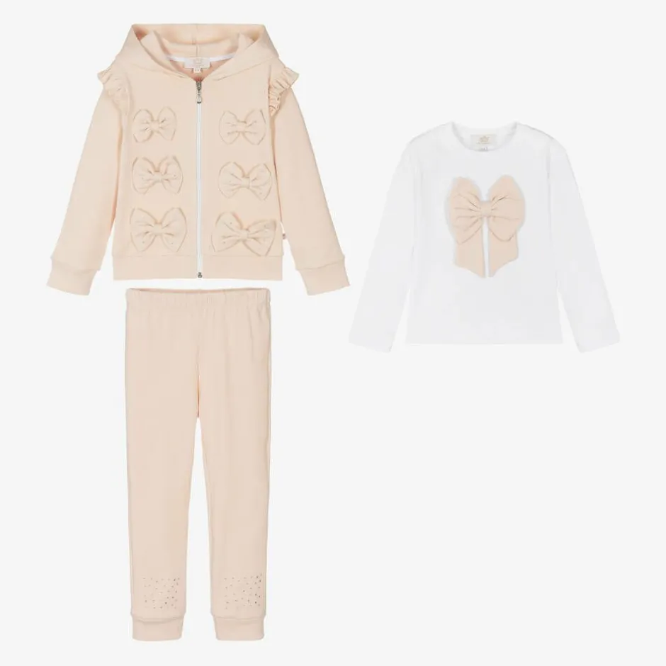 Caramelo Kids Girls Beige Cotton Bow Tracksuit Set Clearance