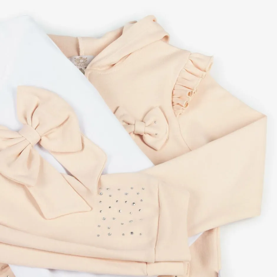 Caramelo Kids Girls Beige Cotton Bow Tracksuit Set Clearance