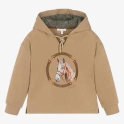 Patachou Girls Beige Cotton Horse Print Hoodie Clearance