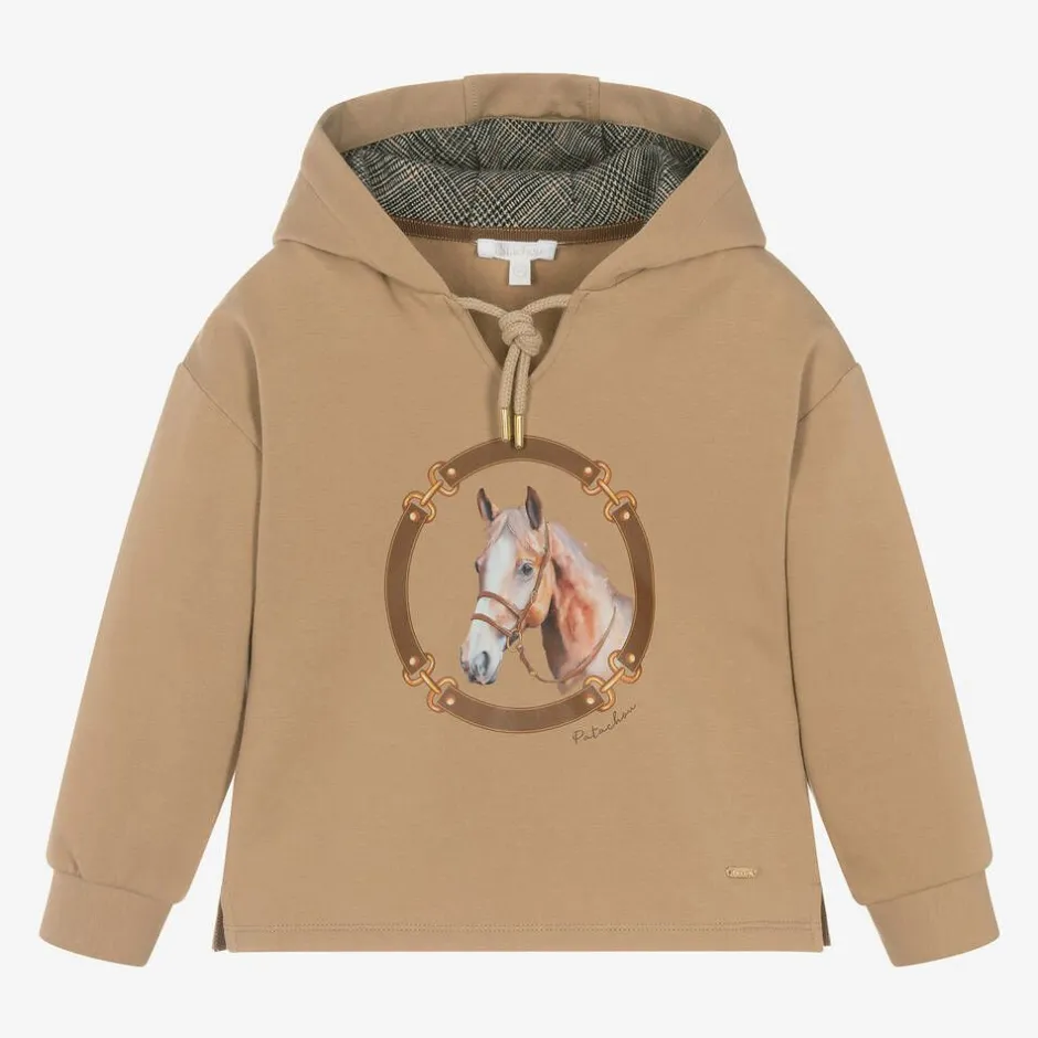 Patachou Girls Beige Cotton Horse Print Hoodie Clearance