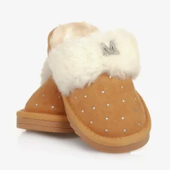 Monnalisa Girls Beige Faux Suede Sparkle Slippers New