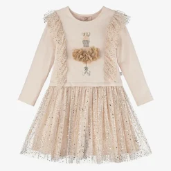 Caramelo Kids Girls Beige Jersey & Tulle Dress