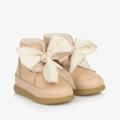 Donsje Girls Beige Leather Bow First Walker Boots Clearance
