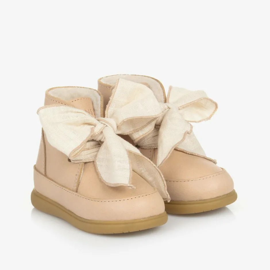 Donsje Girls Beige Leather Bow First Walker Boots Clearance