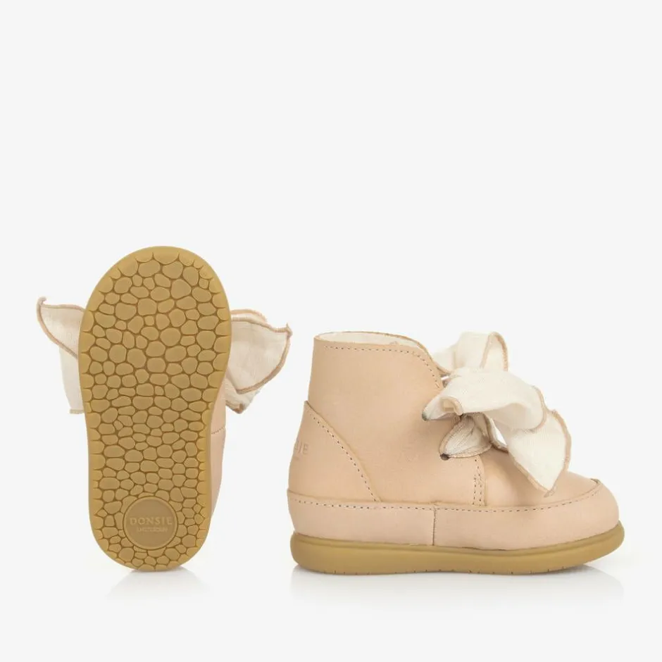 Donsje Girls Beige Leather Bow First Walker Boots Clearance