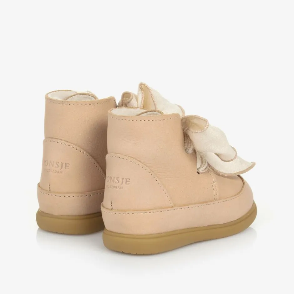 Donsje Girls Beige Leather Bow First Walker Boots Clearance