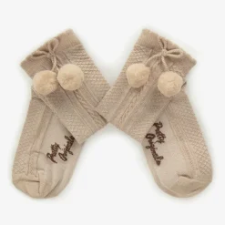 Pretty Originals Girls Beige Pom-Pom Cotton Socks Discount