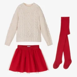 Tutto Piccolo Girls Beige Sweater & Red Tulle Skirt Set Best