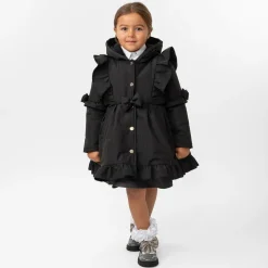 Caramelo Kids Girls Black Hooded Bow Coat