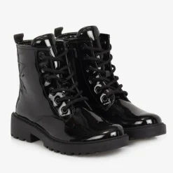 Geox Girls Black Lace-Up Patent Boots Discount