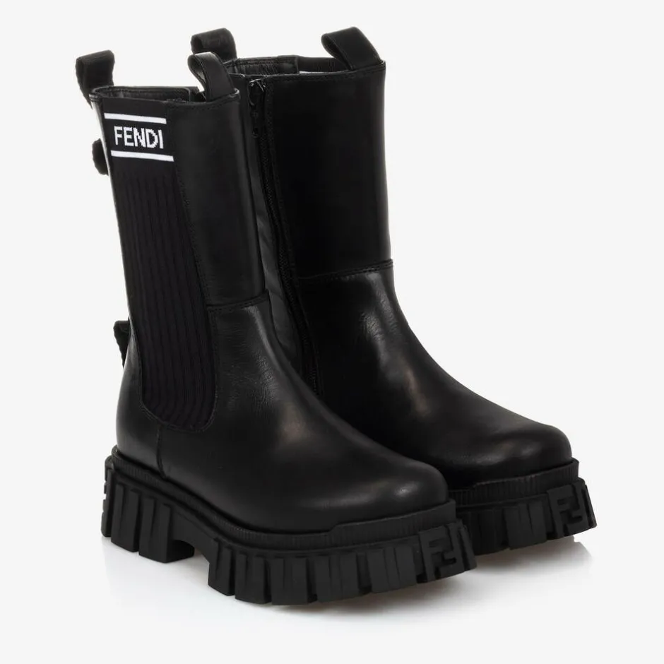 Fendi Girls Black Leather Boots New