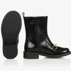 Gucci Girls Black Leather Boots New