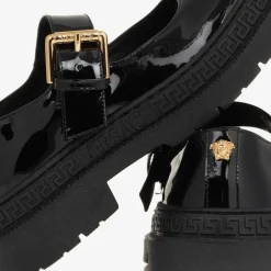 Versace Girls Black Leather Greca Bar Shoes New