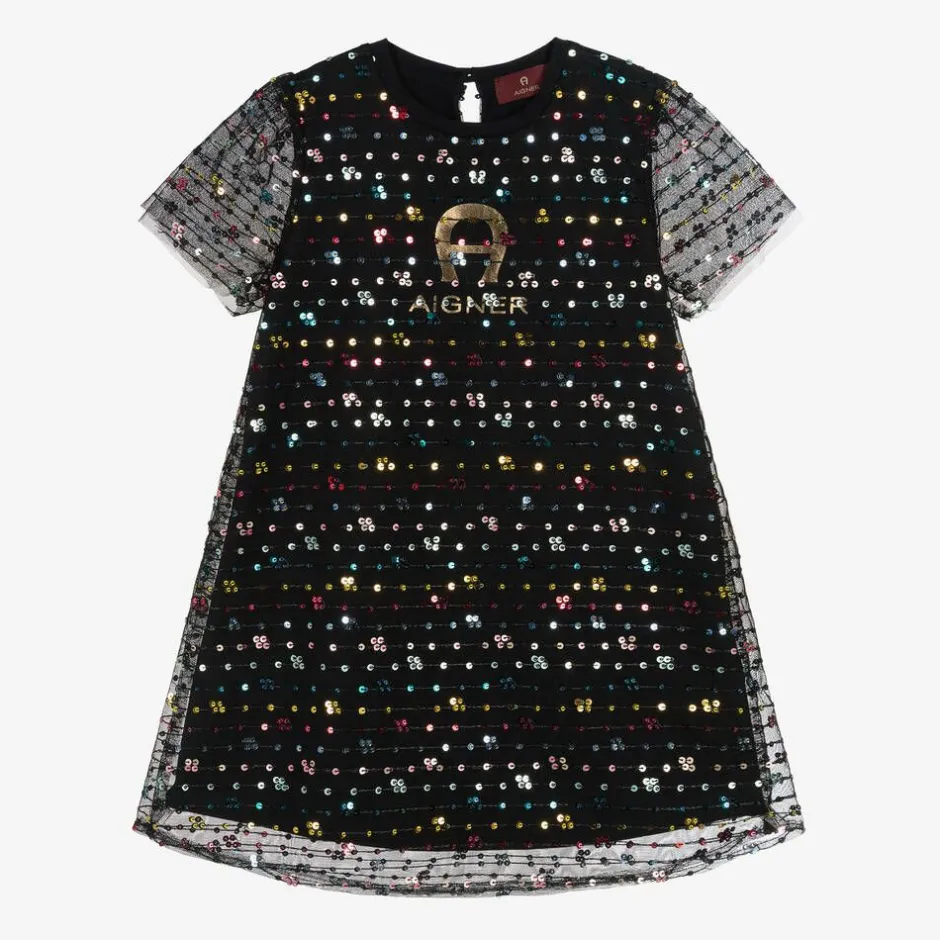 AIGNER Girls Black Sequinned Tulle Dress Clearance