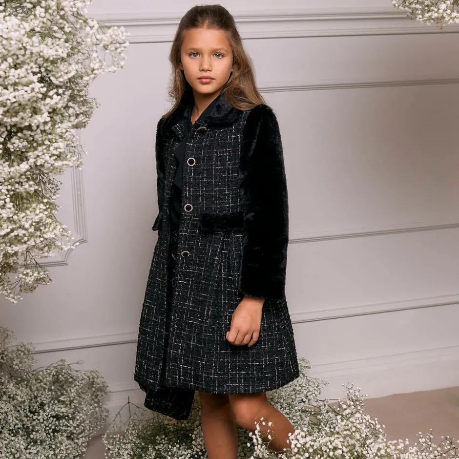 Patachou Girls Black Tweed & Faux Fur Coat Best