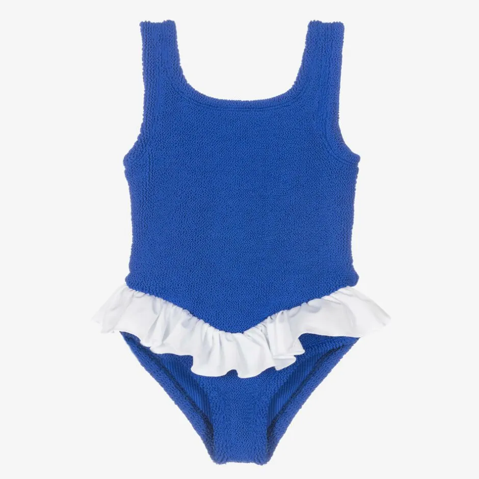 Hunza G Girls Blue & White Crinkle Frill Swimsuit RoyalBlue Hot