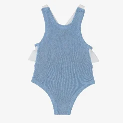 Hunza G Girls Blue Crinkle Frill Swimsuit Cornflower Outlet