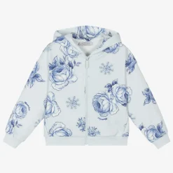Monnalisa Girls Blue Floral Cotton Zip-Up Hoodie Online
