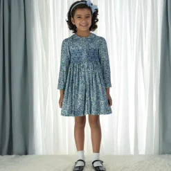 Rachel Riley Girls Blue Floral Smocked Cotton Dress Hot