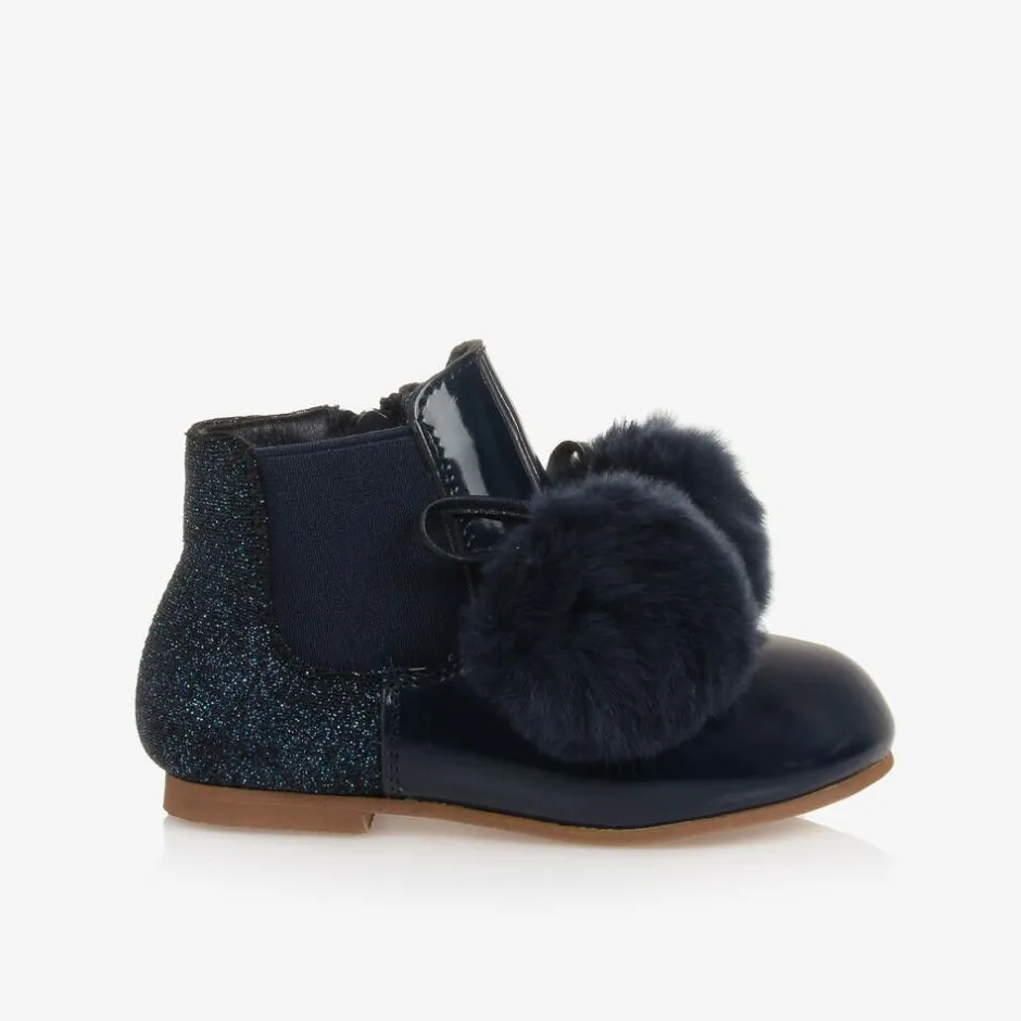 Beau KiD Girls Blue Patent Leather Pom-Pom Boots Hot