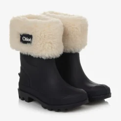 Chloé Girls Blue Rubber & Faux Fur Rain Boots Outlet