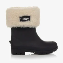 Chloé Girls Blue Rubber & Faux Fur Rain Boots Outlet