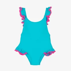 Selini Action Girls Blue Ruffle & Pink Pom-Pom Swimsuit New