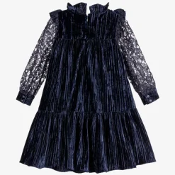 Childrensalon Occasions Girls Blue Velour & Lace Dress Outlet