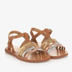 Pom dApi Girls Brown & Metallic Leather Sandals Camel Outlet
