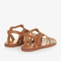 Pom dApi Girls Brown & Metallic Leather Sandals Camel Outlet