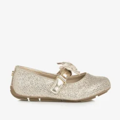 Michael Kors Kids Girls Glittery Gold Bow Ballet Pumps Discount