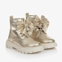 Monnalisa Girls Gold Leather Bow Ankle Boots