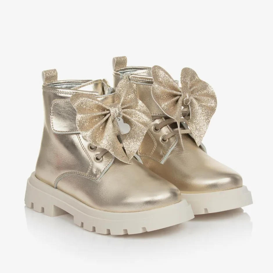 Monnalisa Girls Gold Leather Bow Ankle Boots