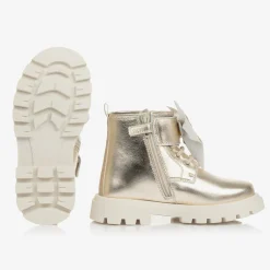Monnalisa Girls Gold Leather Bow Ankle Boots