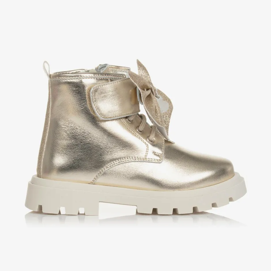 Monnalisa Girls Gold Leather Bow Ankle Boots