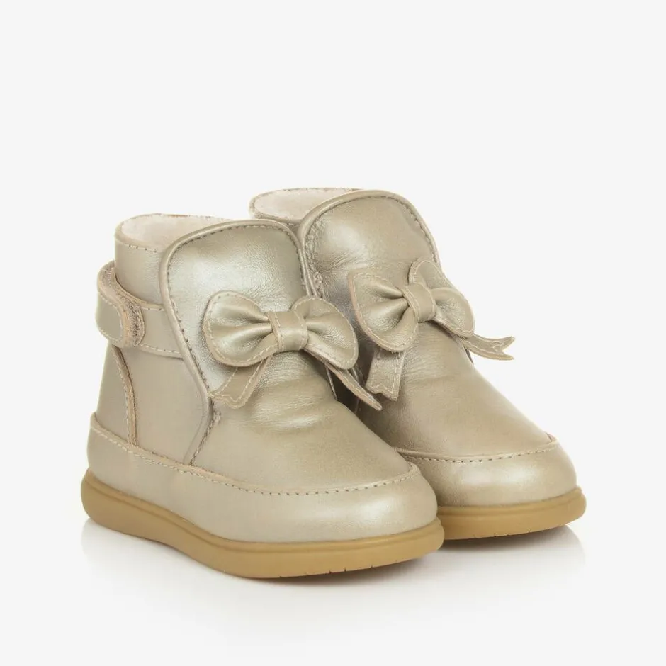 Donsje Girls Gold Leather Bow First Walker Boots Champagne Best