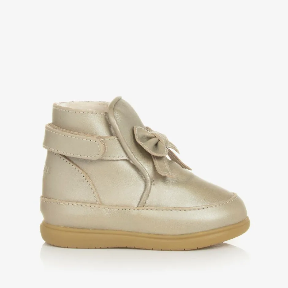 Donsje Girls Gold Leather Bow First Walker Boots Champagne Best