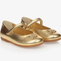 Dolce amp; Gabbana Girls Gold Leather Logo Shoes Clearance