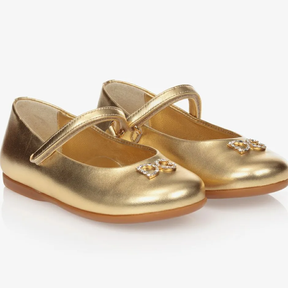 Dolce amp; Gabbana Girls Gold Leather Logo Shoes Clearance