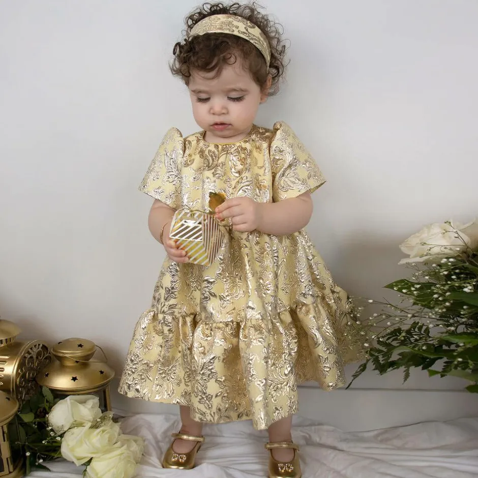 Dolce amp; Gabbana Girls Gold Leather Logo Shoes Clearance