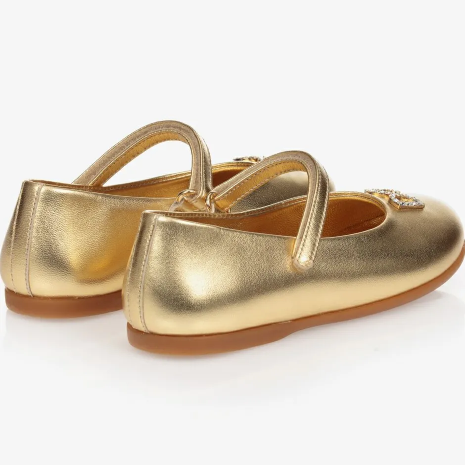 Dolce amp; Gabbana Girls Gold Leather Logo Shoes Clearance