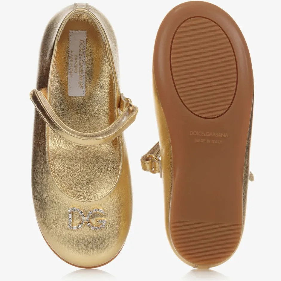Dolce amp; Gabbana Girls Gold Leather Logo Shoes Clearance