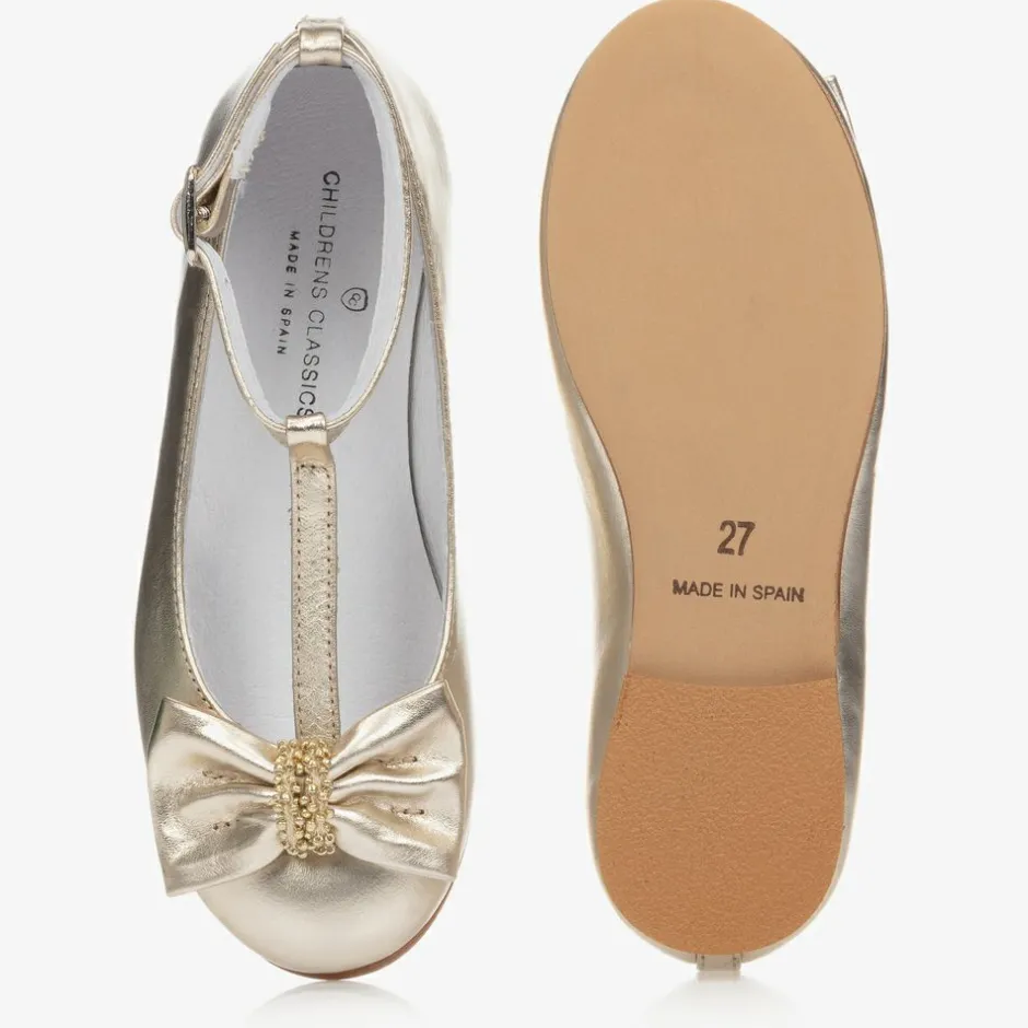 Childrens Classics Girls Gold Leather Shoes Hot