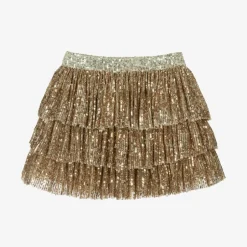 Phi Clothing Girls Gold Sequin Tulle Ruffle Skirt