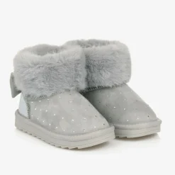 Monnalisa Girls Grey Faux Suede & Fur Trim Boots Outlet