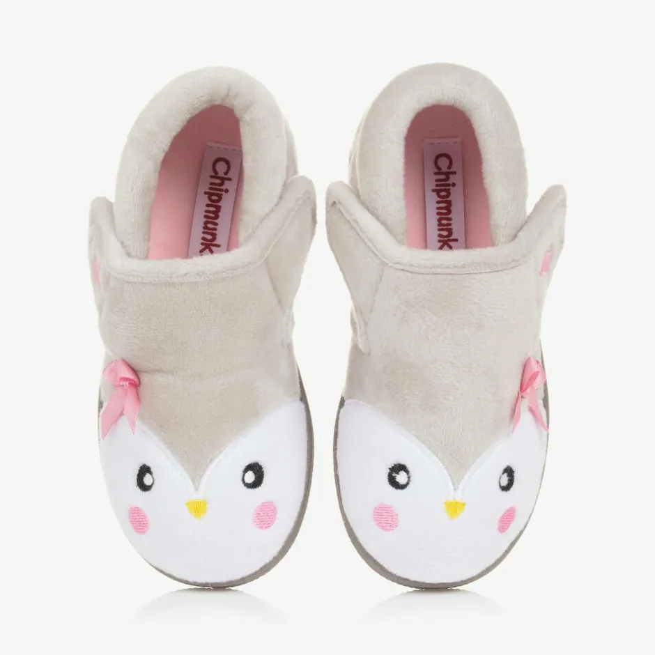Chipmunks Girls Grey Fleece Penguin Slippers Clearance