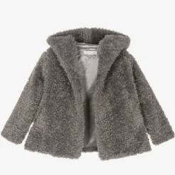 Monnalisa Girls Grey Hooded Faux Fur Coat Outlet